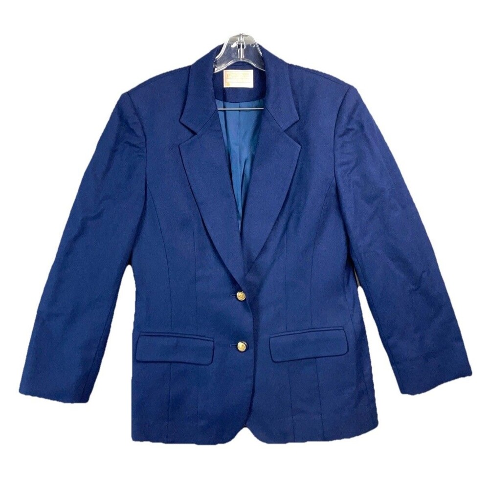 Vintage Pendleton Women M Virgin Wool Blazer Cobalt Blue Single Breast Career